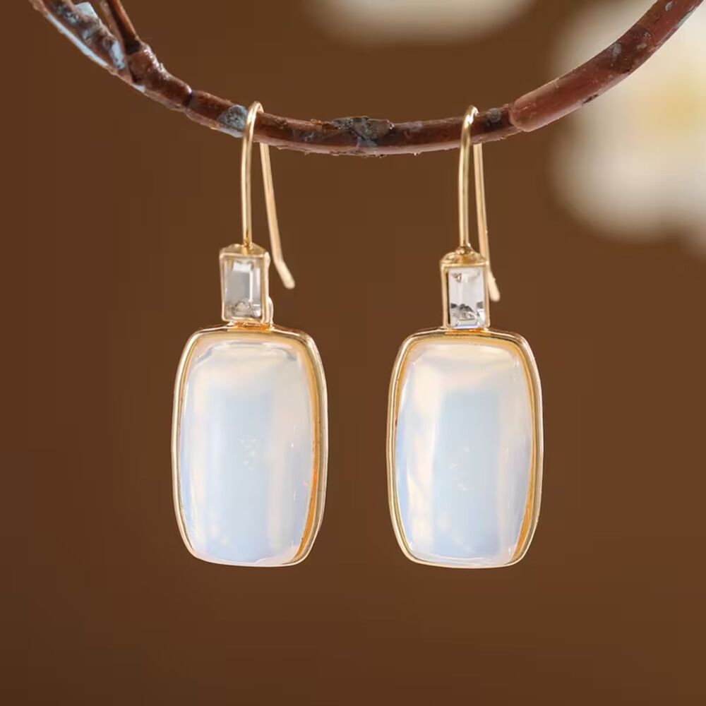 Gold Pearlized Zirconia Crystal Drop Earrings Rectangle Dangle Gemstone Pendant